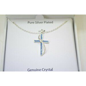 Silver Plated Crystal Necklace Blue Cross Pendant Sophistication Jewelry